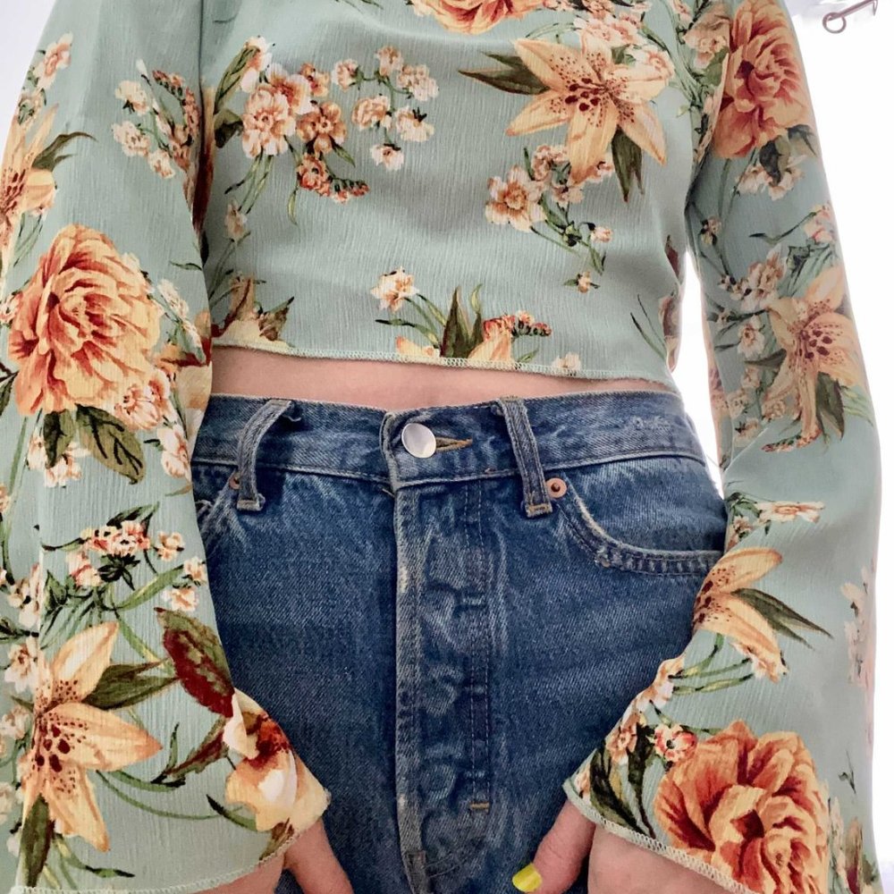 SOLD - Mikey & Joey versatile teal floral blouse